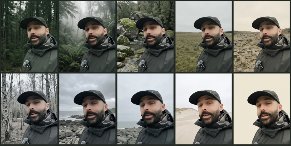 Ten versions of the same talking head, each against a different background